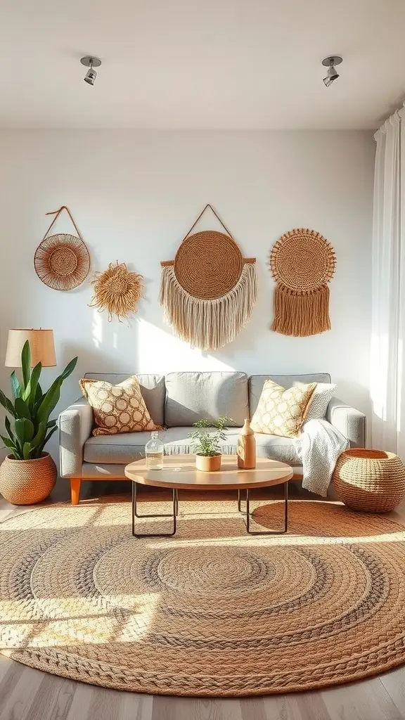 Cozy living room with woven textiles and natural rugs