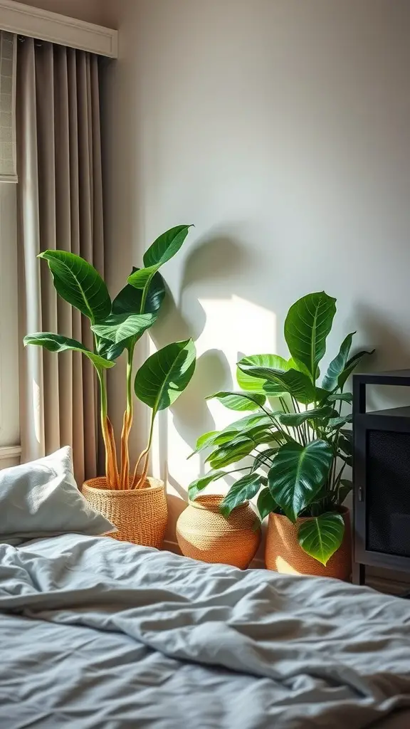 A serene bedroom corner with large foliage plants in woven pots, creating a calming atmosphere next to a bed.