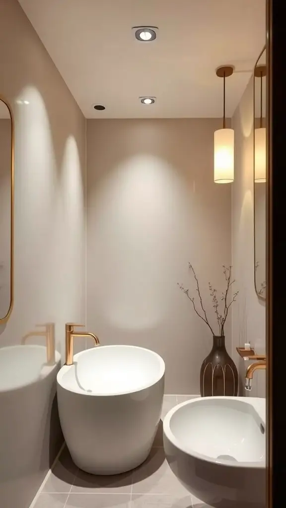 A modern bathroom featuring recessed and pendant lighting with warm tones and earthy decor.