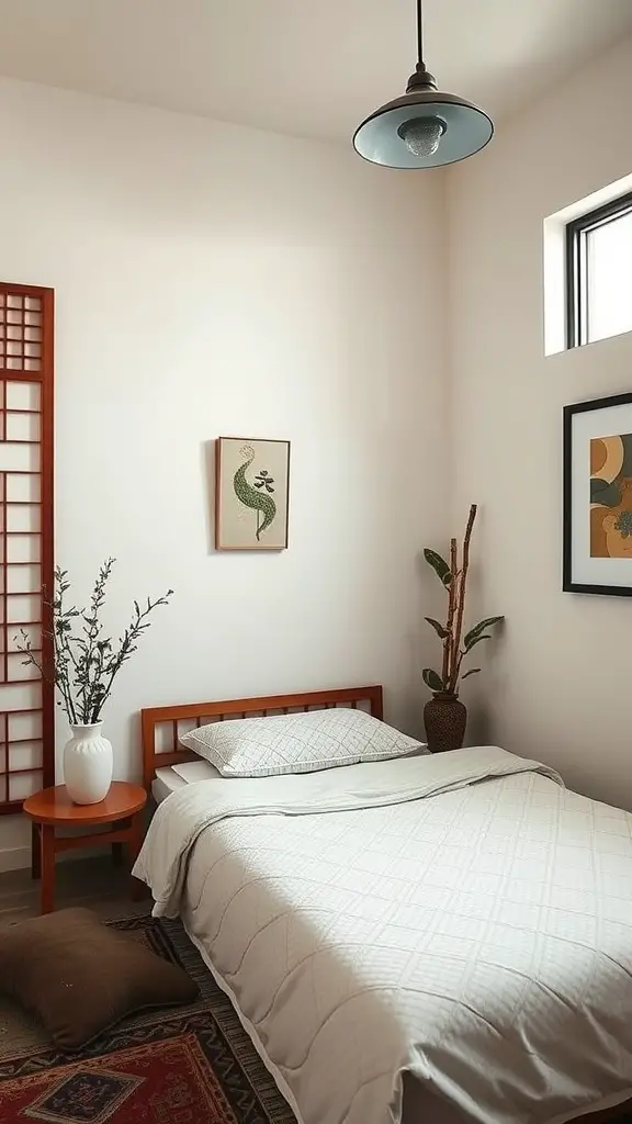 A small bedroom featuring a wooden bed, Asian-inspired decor, plants, and warm lighting.