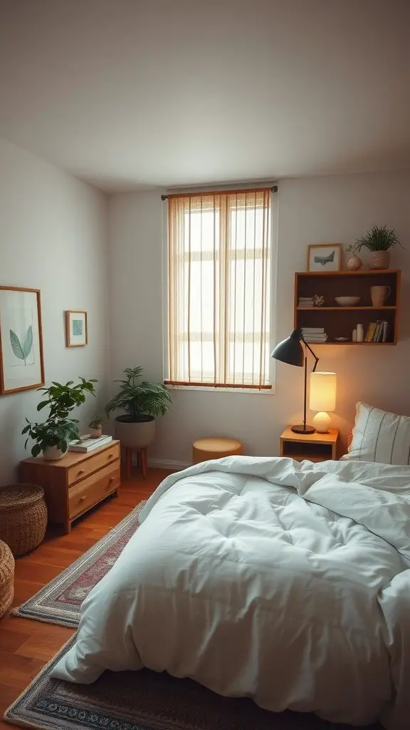 A serene bedroom featuring soft colors, natural light, plants, and wooden furniture.