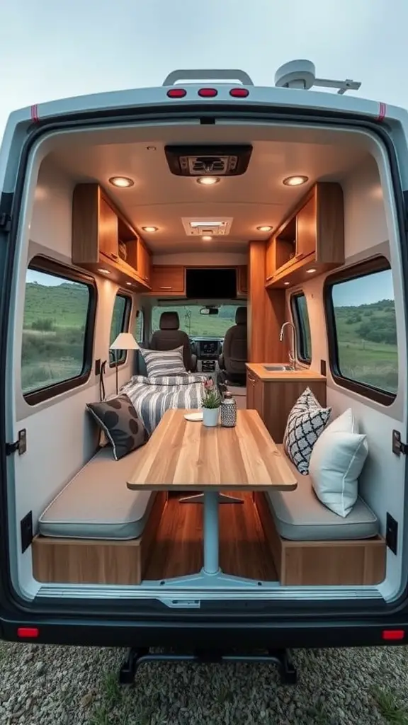 Interior view of a compact camper showing separate zones for living, sleeping, and cooking.